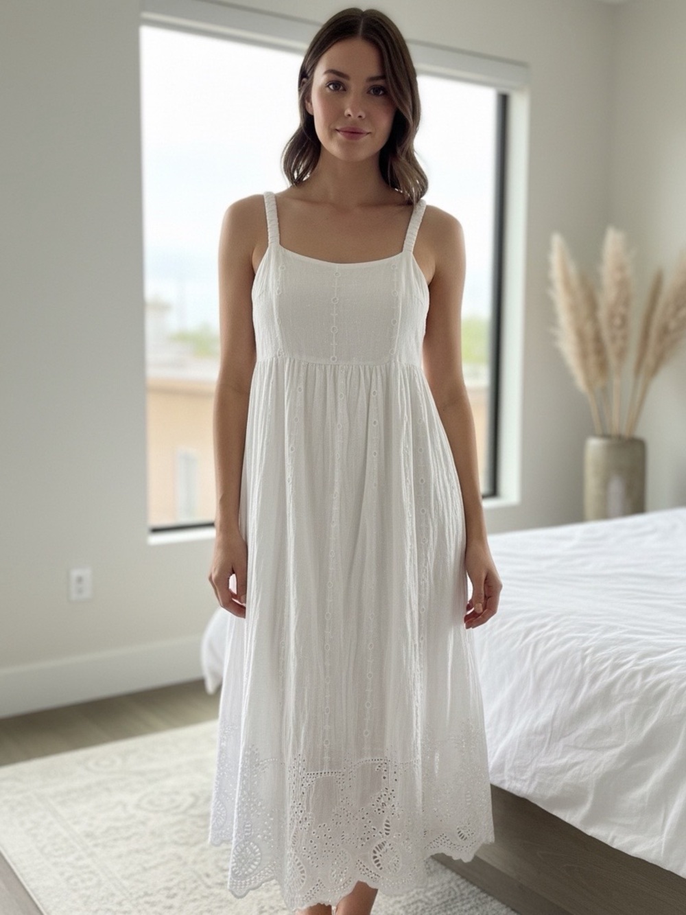 NWOT River Island Size 8 White Broderie Smocked Midi Dress